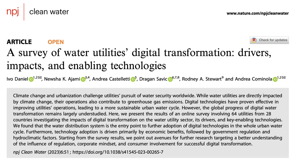 AndreaCominola's tweet photo. 🌊🖥️How is #digital #transformation impacting the #water sector? What are its drivers and key-enabling #technologies?

📰We tackle these questions in our new #OpenAccess  paper on @Nature_NPJ Clean Water. Read it here: https://t.co/YQLV2eOABV
Amazing team, led by I. Daniel
More🔽 https://t.co/FL1FexAVkw