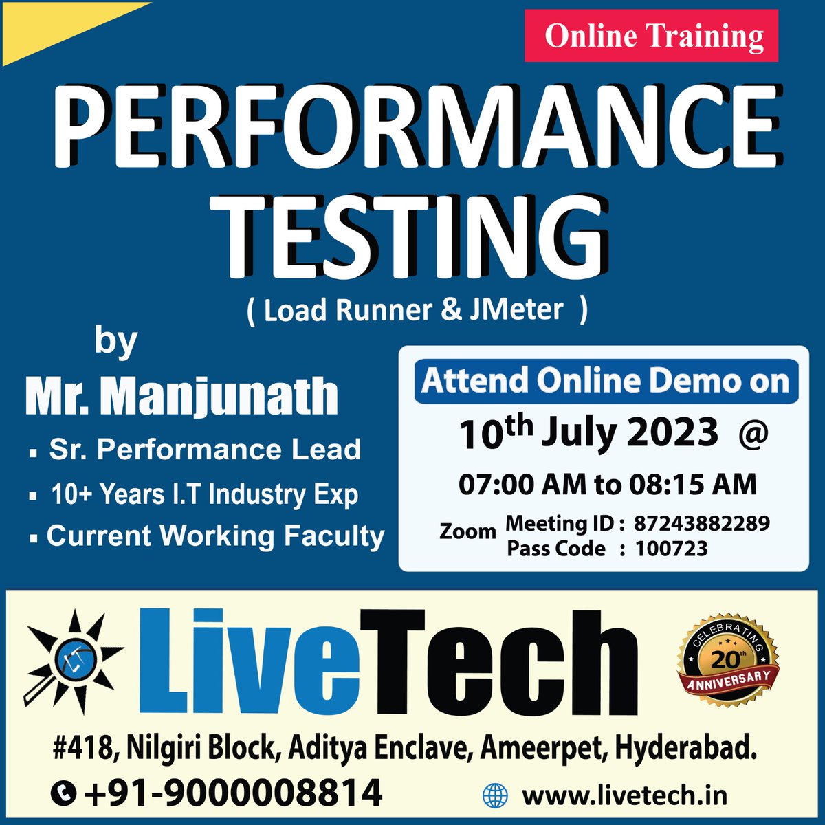 LiveTechTesting's tweet image. New Batch Performance Testing  (Online Training ) : 10-July-2023, Monday
Timings             :  07:00 AM to 08:15 AM
Reach us on   : +91  9000008814
To know more details :
📷 Website              : livetech.in
📷 Placements      : facebook.com/livetechqa
LiveTech