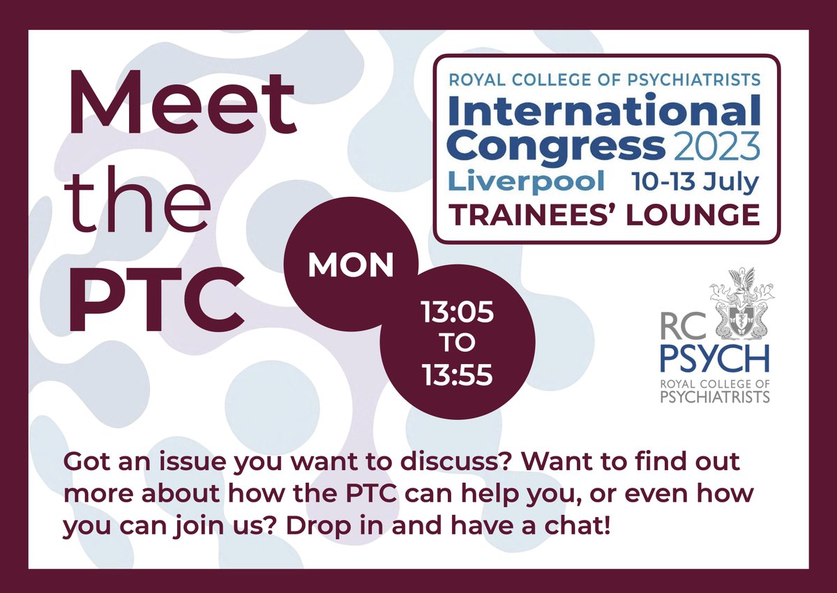 Why not join us for the Trainees' Lounge at #RCPsychCongress - next Monday, it's 'Meet the PTC' - we'd love to see you there! ⭐️ @rcpsych @rcpsychTrainees