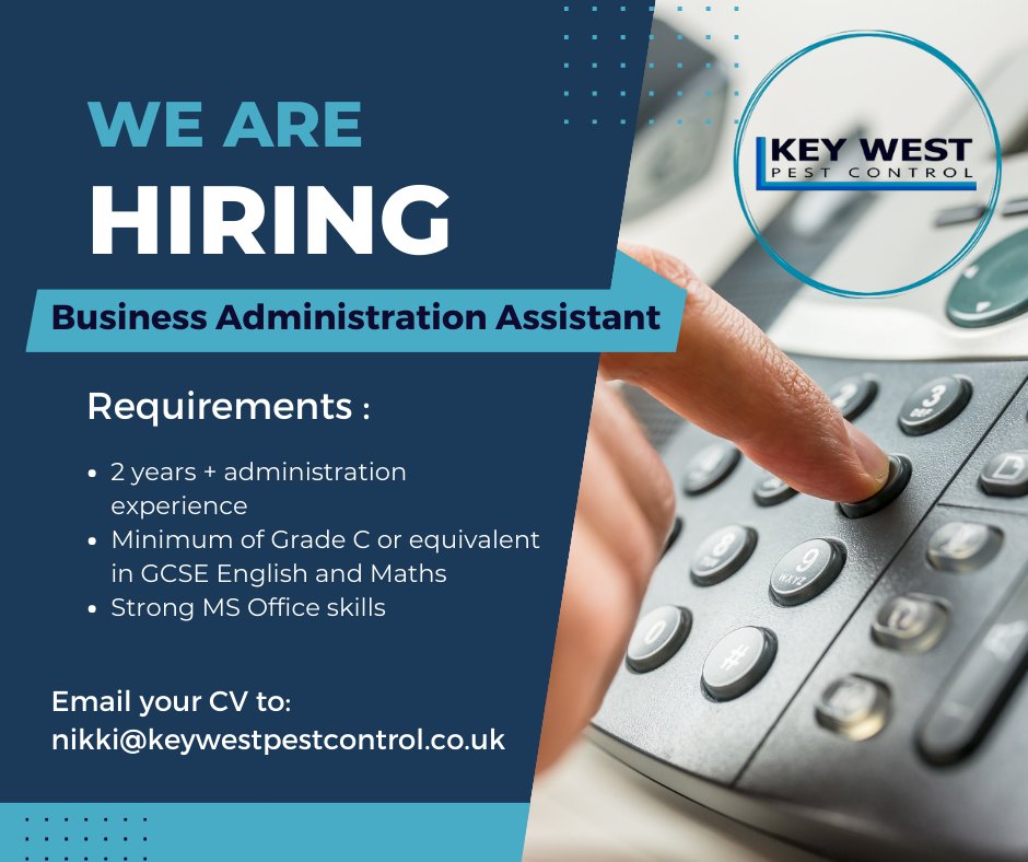 KeyWestPest's tweet photo. We have an exciting opportunity available for a Business Administration Assistant to join our team! 💻 

Get in touch to discuss more...
https://t.co/s7n8baWL26 

#jobvacancy #businessadminjob #pestcontrol https://t.co/0dBxrtMuEm