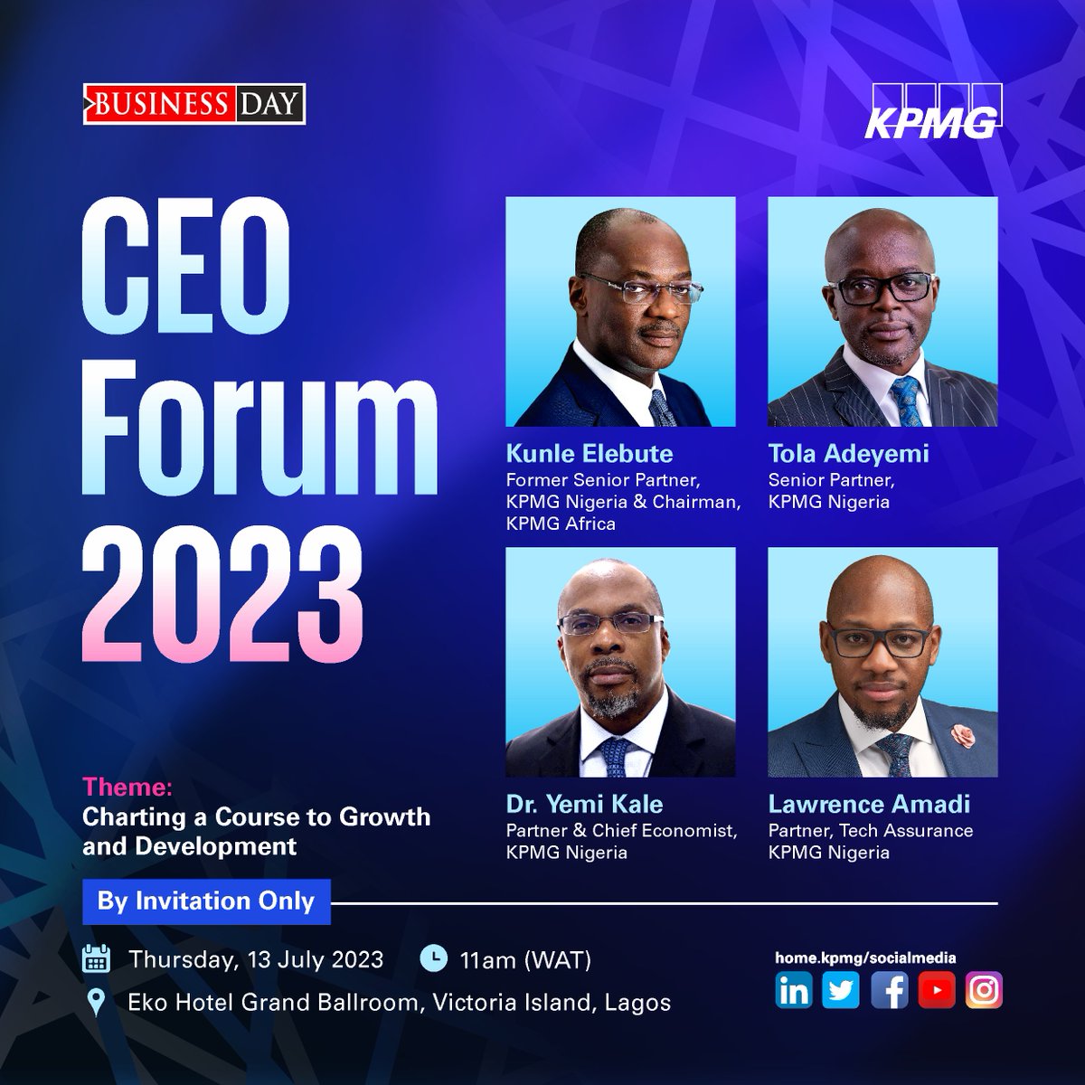 KPMG_NG's tweet photo. 📢 Exciting News! 🎉 We are thrilled to announce that KPMG Nigeria will be serving as the esteemed Technical Partner for the highly anticipated 2023 BusinessDay CEO Forum! 🤝 https://t.co/yja6f1WPTN