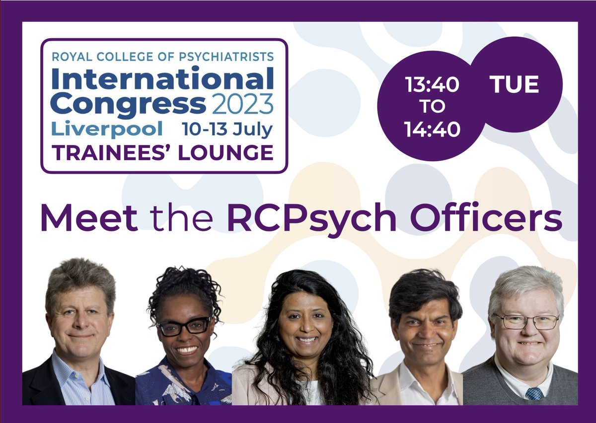 At the Trainees' Lounge at #RCPsychIC this year on Tuesday - why not join us for 'Meet the RCPsych Officers' and get to chat and ask your questions in person! ⭐️ @rcpsych @rcpsychTrainees @DrAdrianJames @DrLadeSmith @TrudiSene1 @subodhdave1 @JohnHMCrichton