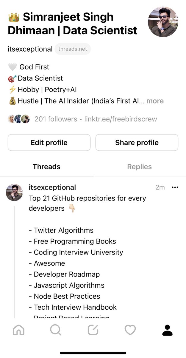 Completed 200+ followers on Threads 🧵 Join me on Threads for information and Learning resources for Artificial Intelligence and Data Science🤖🚀.

#DataScience #ArtificialIntelligence #Python #TheAIInsider #DataScientist #Jobs #InterviewPrep #Hiring #Meta #Threads