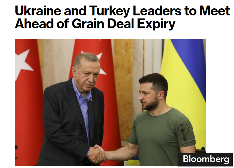 TheAgStrategy's tweet photo. Ukrainian President Volodymyr #Zelenskiy is set to meet Turkish counterpart Recep Tayyip #Erdogan as the expiration date of the Black Sea grain deal approaches. via @TheTerminal Can we expect Erdogan to intervene in the renewal of the corridor??  #wheat #corn #oatt https://t.co/rQEeJ6Zwp2