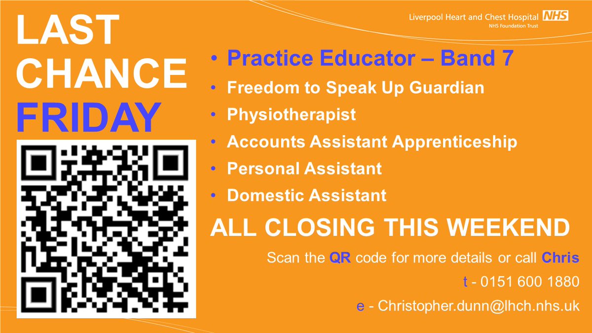 Last Chance Friday!

If you're looking for a #newpost, a #newcareer or are interested in a position in the #NHS then scan the QR code below to see our latest #vacancies. 

Hurry though, these close this weekend.

#hospitaljobs #LHCH #hospitalcareers
