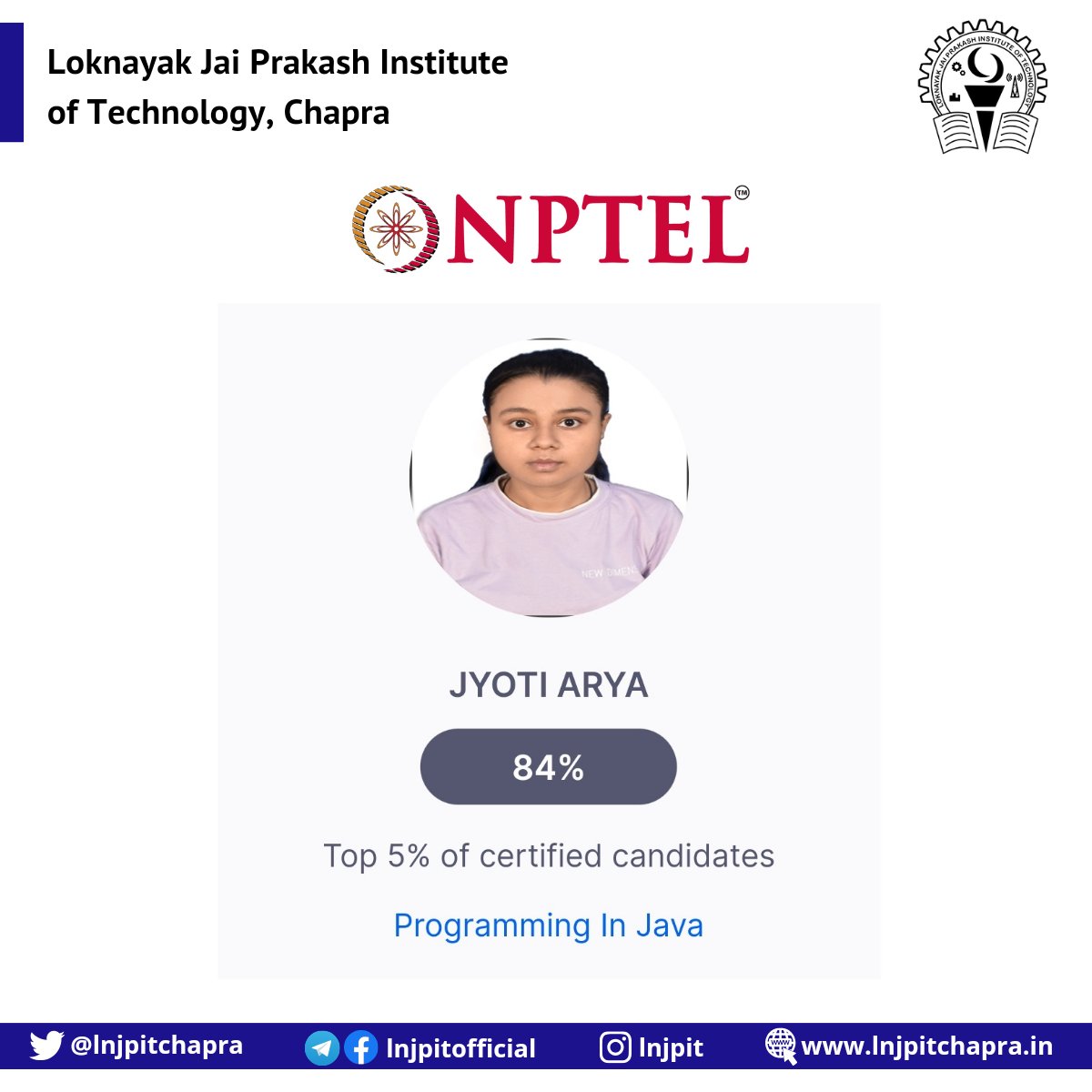 lnjpitchapra's tweet image. ๐ Congrats, Jyoti Arya! ๐
๐ฏ NPTEL Success!
Programming In Java:
Score: 84% | Top 5% ๐๐ผ
Your hard work and dedication have paid off. Keep coding and reaching new heights! ๐๐ก
#Congratulations #NPTELSuccess #ProgrammingInJava