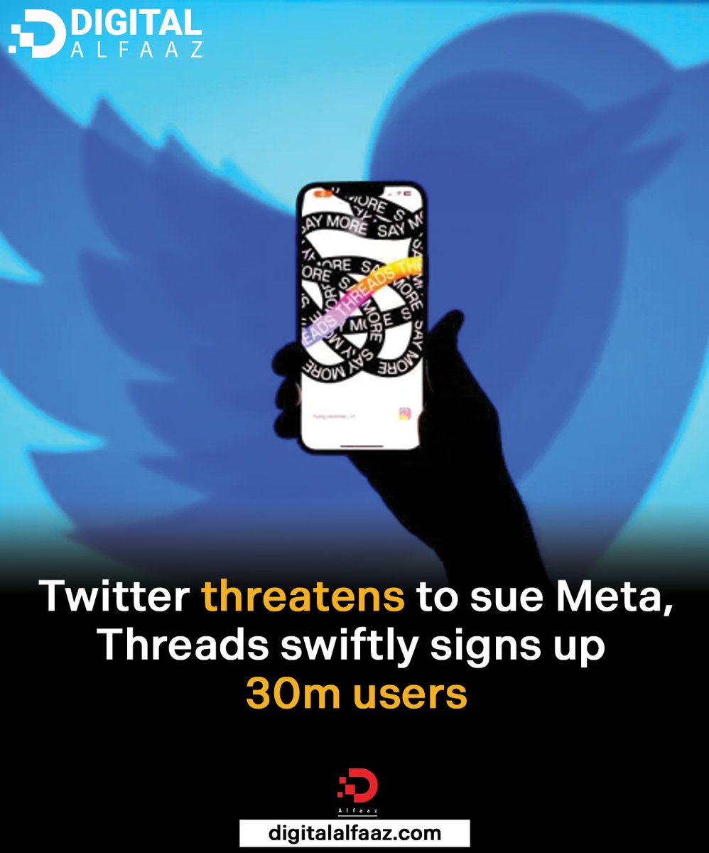 DigitalAlfaaz's tweet photo. With access to billions of Instagram users and a comparable design to its competitor, Meta's Threads attracted more than 30 million sign-ups within 18 hours of its introduction and became the first serious challenge to Elon Musk-owned Twitter.

Threads, dubbed the "Twitter-Killer," was the most popular free software in the US and the UK on Thursday on the Apple software Store.

It arrives after months of traded barbs from Twitter CEO Musk and Meta CEO Mark Zuckerberg, who even threatened to engage in a live mixed martial arts cage bout in Las Vegas.