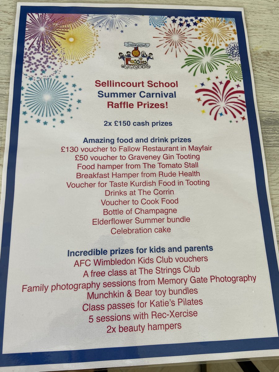 Check out these fantastic raffle prizes! Tickets on sale today at the Sellincourt Summer Carnival. Open today from 4pm and everyone is invited. Adults £1 and children are free. Hope to see you there! ☀️