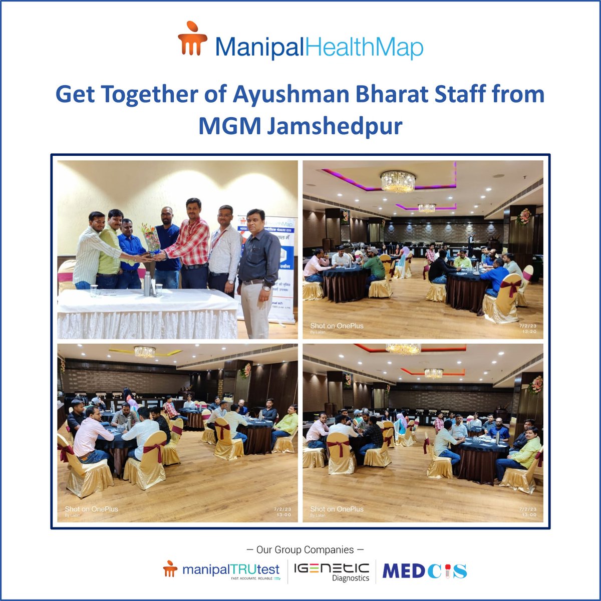 manipalTRUtest's tweet photo. Get together of #AyushmanBharat Staff from #MGMJamshedpur was conducted in the presence of Mr. Rahul Kumar, #Ayushman MGM Coordinator; Bhola Kumar Govt. Clerk; & the entire Ayushman Bharat team.
#ManipalTRUtest #ManipalHealthmap #GetTogether #Celebration #FunEvent #Jamshedpur https://t.co/MxZ73sxPdt