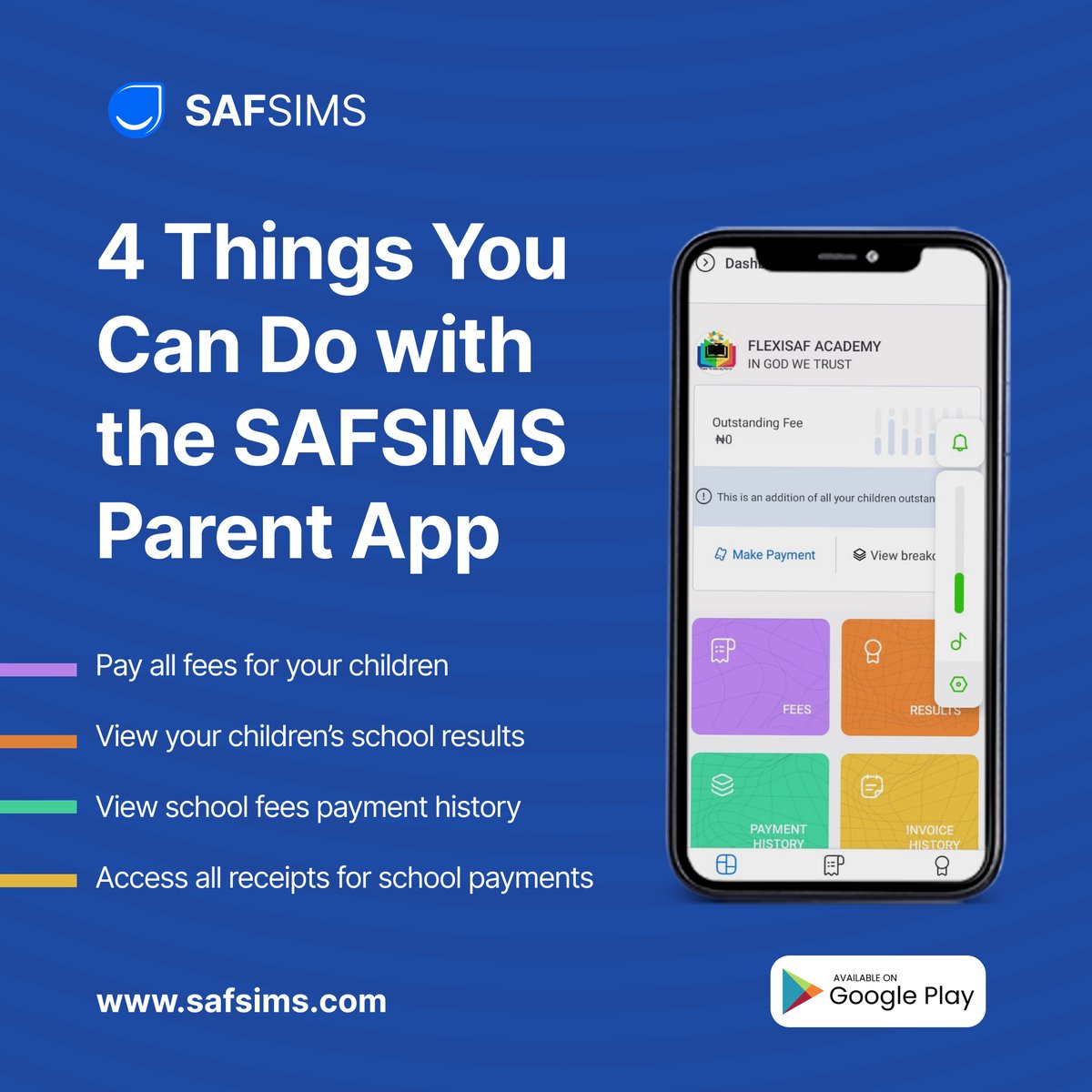FlexiSAF's tweet photo. The SAFSIMS Parent App is here!
Here are some reasons you'll love it.
If your child's school is not already using SAFSIMS, you'll be missing out on all these.
#parents #schoolfees #schoolresult #SAFSIMS #FlexiSAF https://t.co/W9fcWKNb77