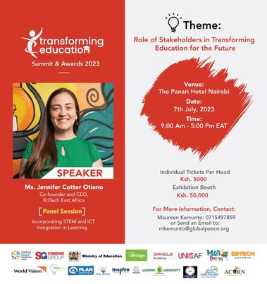EdTechEAfrica's tweet photo. Our Co-founder, Jenn Cotter-Otieno (@cotter_edu), will speak at the Transforming Education Summit and Awards today, 7th July 2023! Join her panel session on Incorporating STEM and ICT integration in learning. https://t.co/mSkrbvpukl 

#TransformingEducation #EdTech254 https://t.co/cAzswqDPi4
