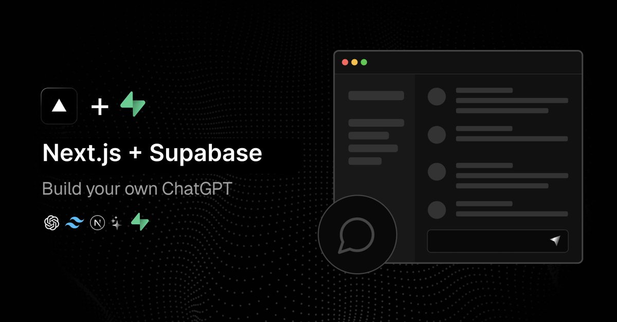 Paul Copplestone — e/postgres (@kiwicopple) on Twitter photo Build your own ChatGPT using:
◆ <a href="/supabase/">Supabase</a>: database + auth
◆ <a href="/nextjs/">Next.js</a>: frontend
◆ <a href="/vercel/">Vercel</a>: website hosting
◆ <a href="/radix_ui/">Radix by WorkOS</a> + <a href="/tailwindcss/">Tailwind CSS</a> + <a href="/shadcn/">shadcn</a>: UI
◆ <a href="/LangChainAI/">LangChain</a>: AI toolkit
◆ <a href="/OpenAI/">OpenAI</a> / <a href="/huggingface/">Hugging Face</a> / <a href="/AnthropicAI/">Anthropic</a>
github.com/supabase-commu…
🚢 <a href="/thorwebdev/">Thor 雷神 ⚡️</a> 💡<a href="/swyx/">swyx</a> Build your own ChatGPT using:
◆ <a href="/supabase/">Supabase</a>: database + auth
◆ <a href="/nextjs/">Next.js</a>: frontend
◆ <a href="/vercel/">Vercel</a>: website hosting
◆ <a href="/radix_ui/">Radix by WorkOS</a> + <a href="/tailwindcss/">Tailwind CSS</a> + <a href="/shadcn/">shadcn</a>: UI
◆ <a href="/LangChainAI/">LangChain</a>: AI toolkit
◆ <a href="/OpenAI/">OpenAI</a> / <a href="/huggingface/">Hugging Face</a> / <a href="/AnthropicAI/">Anthropic</a>
github.com/supabase-commu…
🚢 <a href="/thorwebdev/">Thor 雷神 ⚡️</a> 💡<a href="/swyx/">swyx</a>