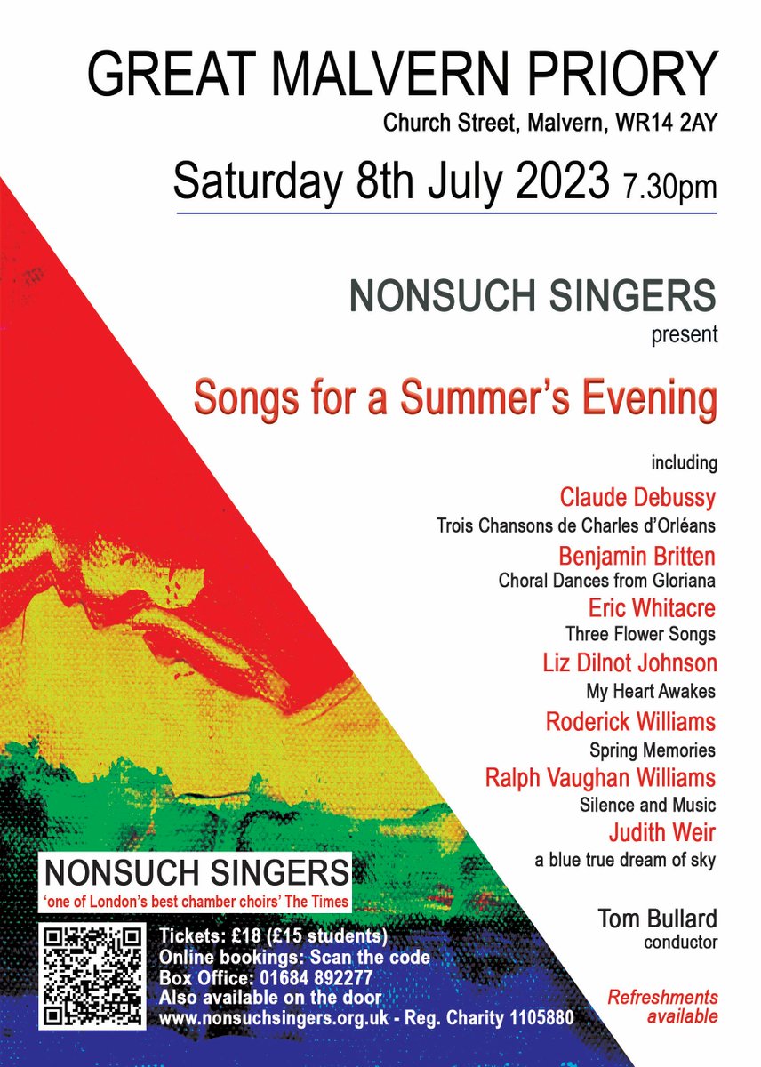 We are looking forward to tomorrow evening's concert at Great Malvern Priory! Our Summer programme features works by Britten, Vaughan Williams and @EricWhitacre - and we're hugely excited to premiere a set of three pieces by @lizjohnsoncomp . Join us! malvern-theatres.co.uk/whats-on/songs…