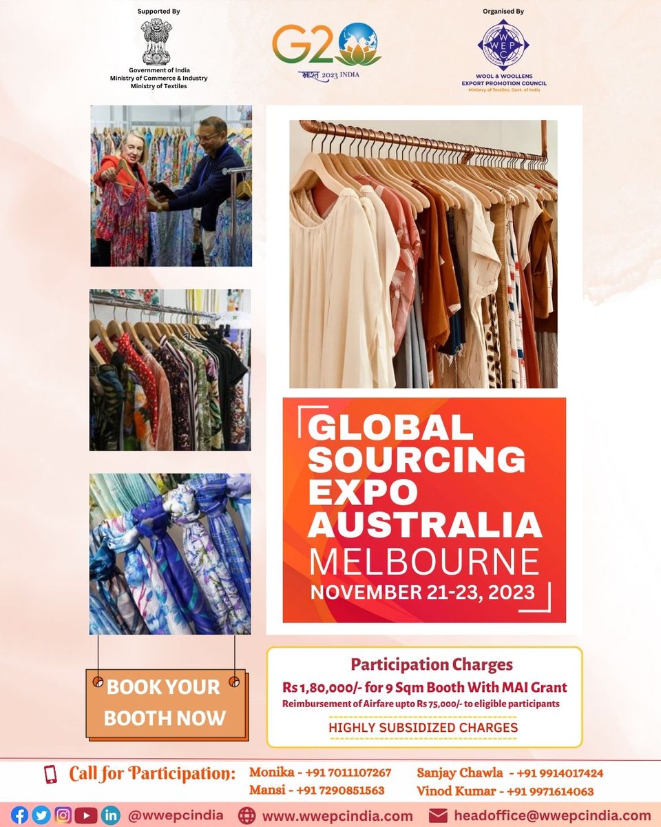 Book Your Space in Global Sourcing Expo Australia from 21-23 November, 2023
.
.
#wwepc #globalsourcingexpo #Melbourne #apparels
#growbusiness #newopportunities #G20India
