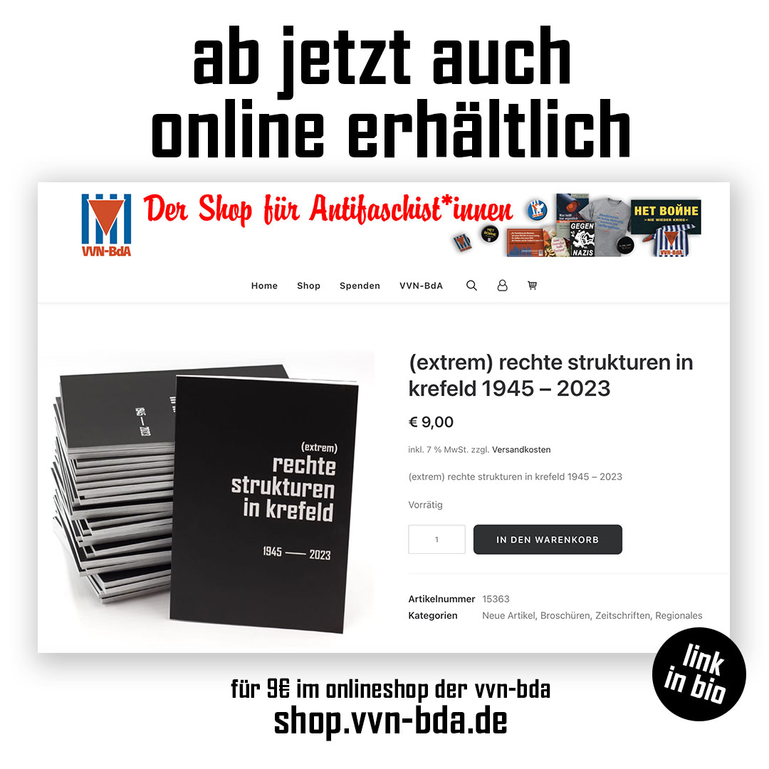 Die 140-seitige DinA4-Broschüre über die #extremeRechte in #Krefeld ist nun auch über den Onlineshop der VVN-BdA bestellbar und wird in ganz Deutschland verschickt. 9€ das Stück. 
shop.vvn-bda.de/produkt/extrem…
#antifaschismus #fuckafd #dankeantifa