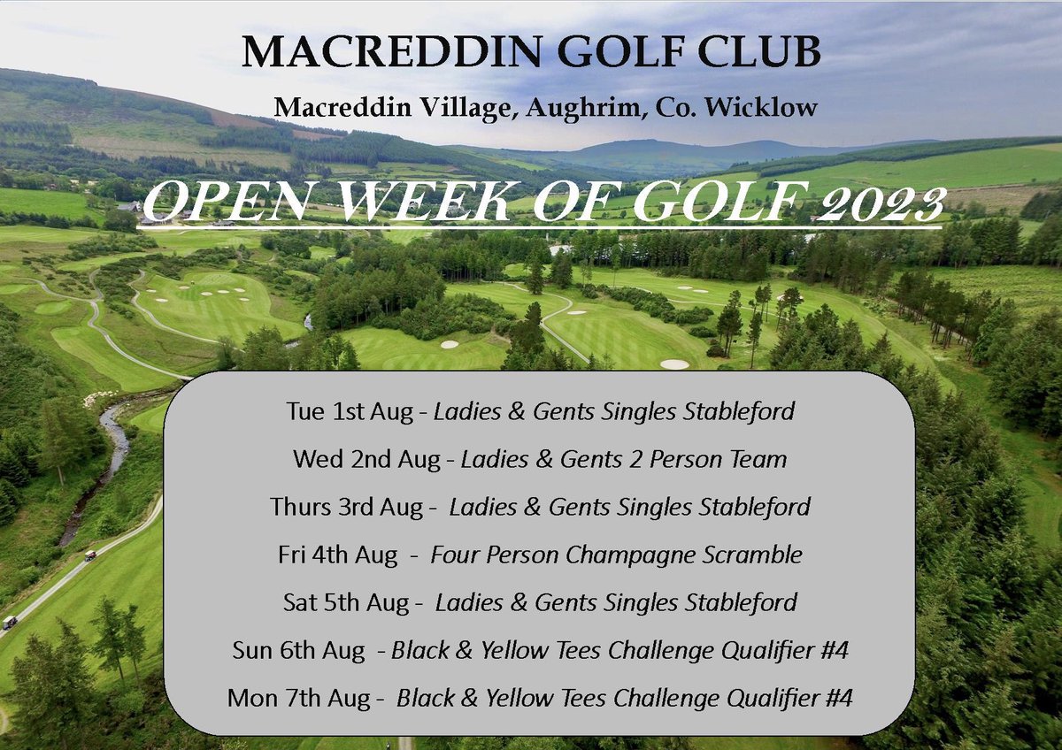 Macreddingolf's tweet photo. ⛳️ OPEN WEEK OF GOLF 2023 ⛳️
          Tue 1st - Mon 7th August

✅ Paul McGinley designed Championship Golf Course  
✅ Competition &amp; Buggy combo rate available 
✅ Fantastic prizes on offer all week
✅ Gross prize in all singles competitions 

Timesheets now open for bookings! https://t.co/zi0VozfZTI