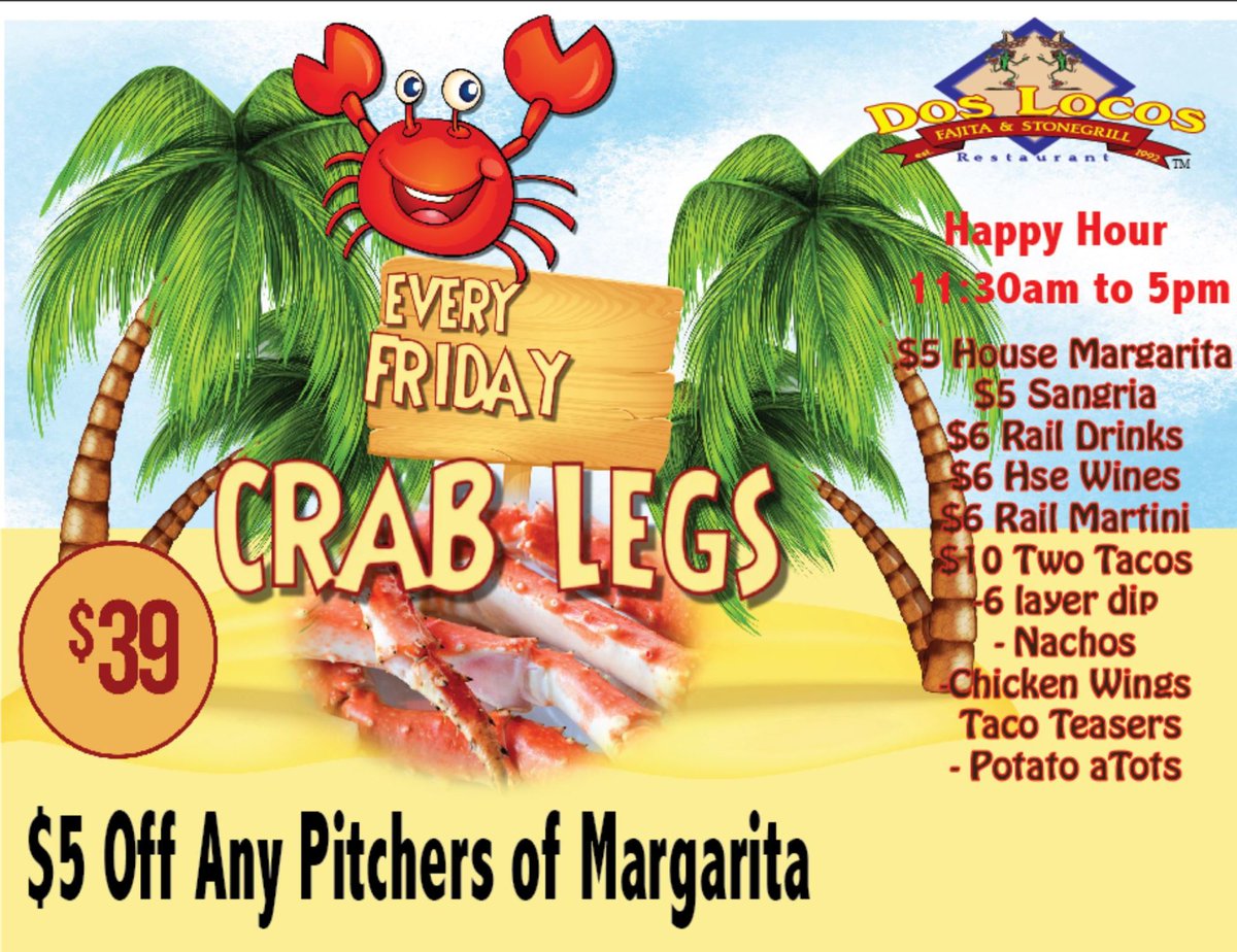 DosLocosRestaur's tweet photo. Oh yeah 👉 $39 Alaskan King carb legs 1lb &amp;  $5 off Pitchers of Margaritas all day, ... https://t.co/nZQoakHTbb