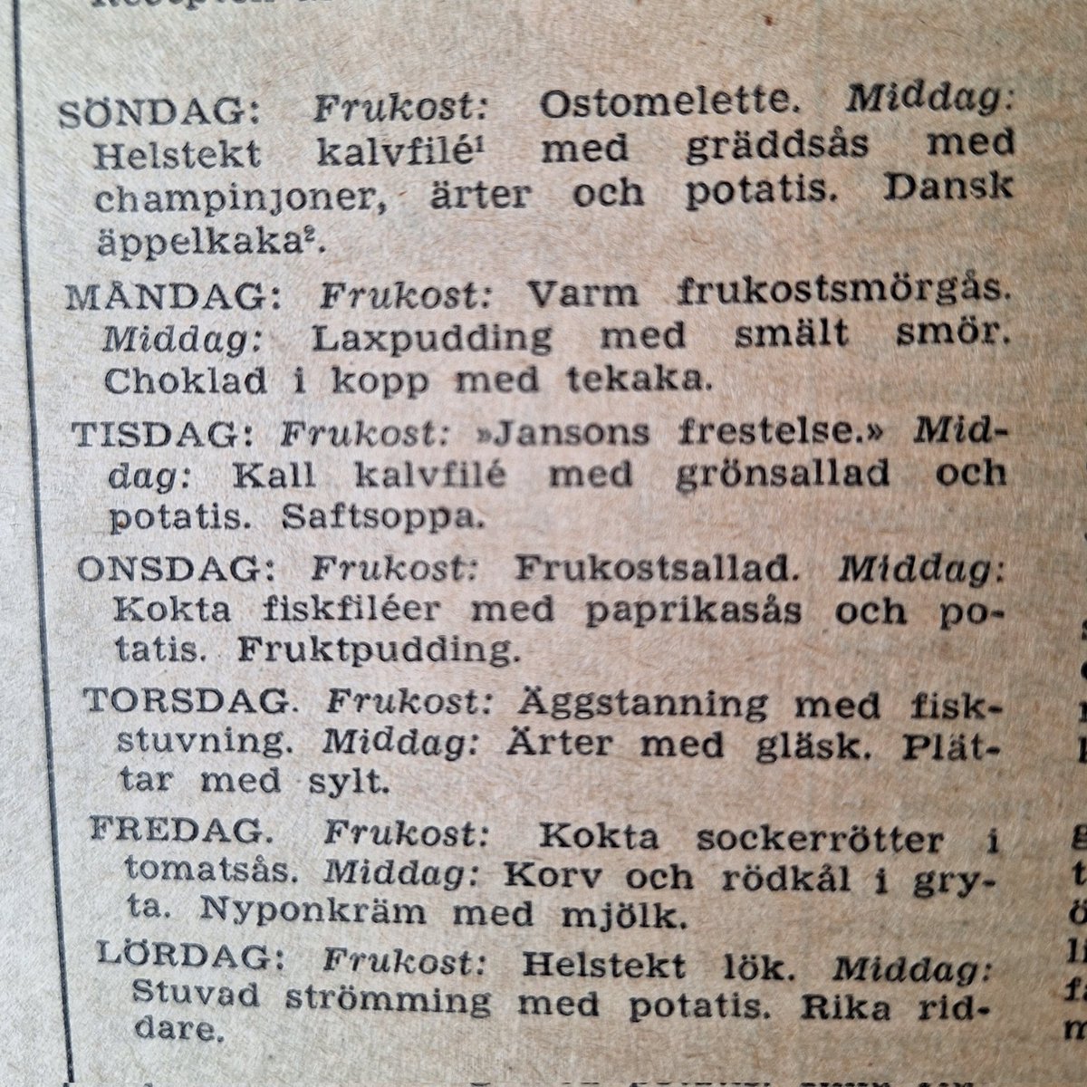 Tisdagens frukost är inget larv. Året är 1948.