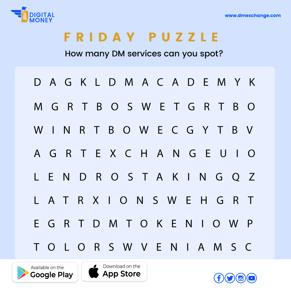 dmdigitalmoney's tweet photo. It’s Friday 🥳time for a brain teaser! Can you unscramble the words and find how many DM services are there? Hint 5.
Let us know how many you can find in the comments below 😁
#wordpuzzle #funfriday #dmacademy https://t.co/i9jWxcuNNV