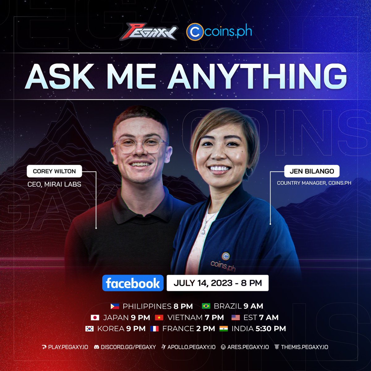 PegaxyOfficial's tweet photo. 📢 AMA - Ask Me Anything with https://t.co/x4qjmaCeIy! The most awaited partnership is finally here! 💫

Join us live on our Facebook Page with Corey, CEO of Mirai Labs, and Jen, the Country Manager of https://t.co/x4qjmaCeIy, as they unveil the exciting details of our collaboration. 🤝

Mark your calendars, and set your alarms because on July 14, 2023, at 8 PM PHT, we're bringing you an interactive session filled with valuable insights and surprises! 🗓️⏰

But that's not all! We have an incredible giveaway planned exclusively for our live viewers. 🎁 So make sure to stay tuned till the end. 🎉