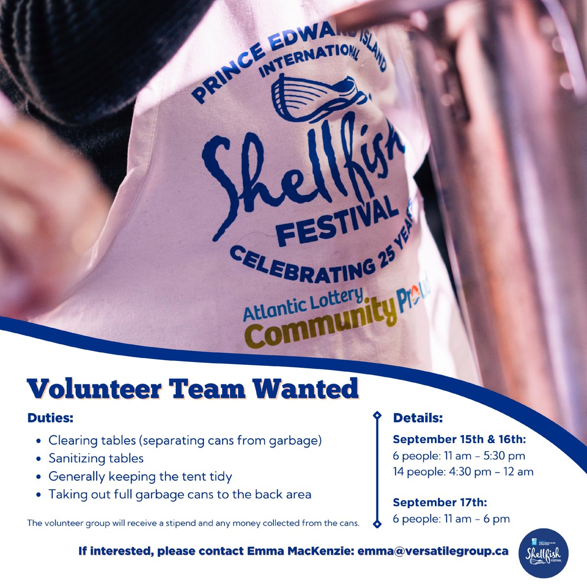 PEI International Shellfish Festival (@pei_shellfish) on Twitter photo 🌟Do you belong to an organization that is looking to volunteer?
🔥 Send an email to emma@versatilegroup.ca and join us for this exciting opportunity!
#pei #volunteer #discovercharlottetown #peishellfishfest 🌟Do you belong to an organization that is looking to volunteer?
🔥 Send an email to emma@versatilegroup.ca and join us for this exciting opportunity!
#pei #volunteer #discovercharlottetown #peishellfishfest