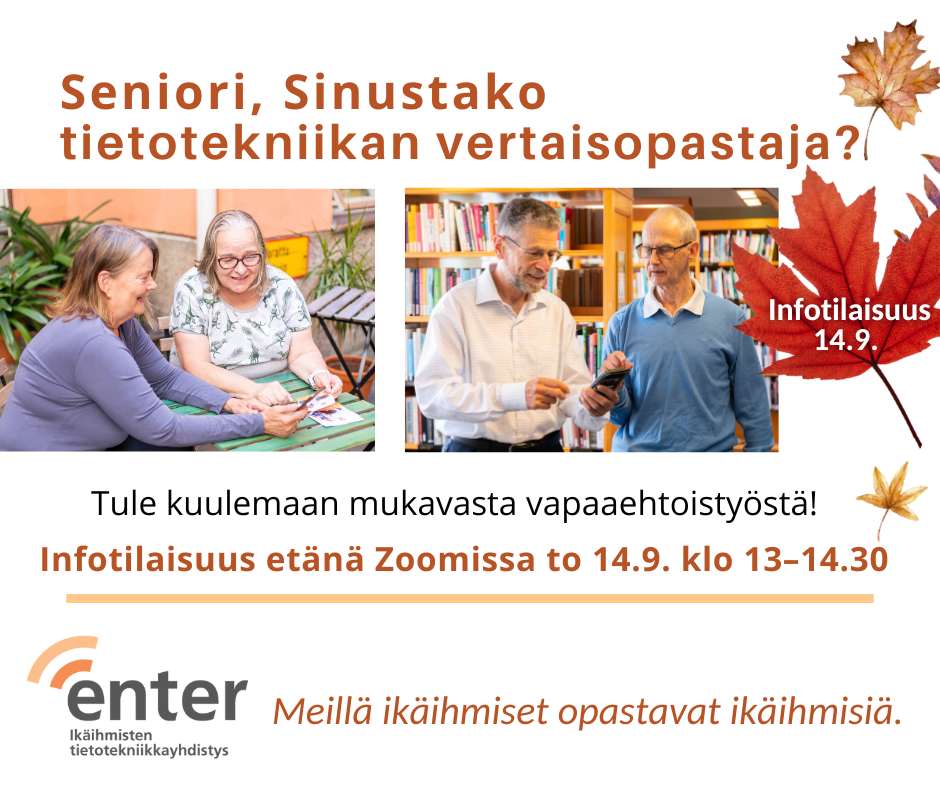 Huhuu! Haemme vapaaehtoisia tietotekniikan vertaisopastajia, erityisesti alueille Karkkila, Kirkkonummi, Nurmijärvi, Pukkila, Raasepori ja Vihti. 

Seniori, pysyykö sinulla älylaite hyppysissä ja auttaisit mielelläsi toisia senioreita? Tule infoon Zoomiin: entersenior.fi/tapahtumat/inf…