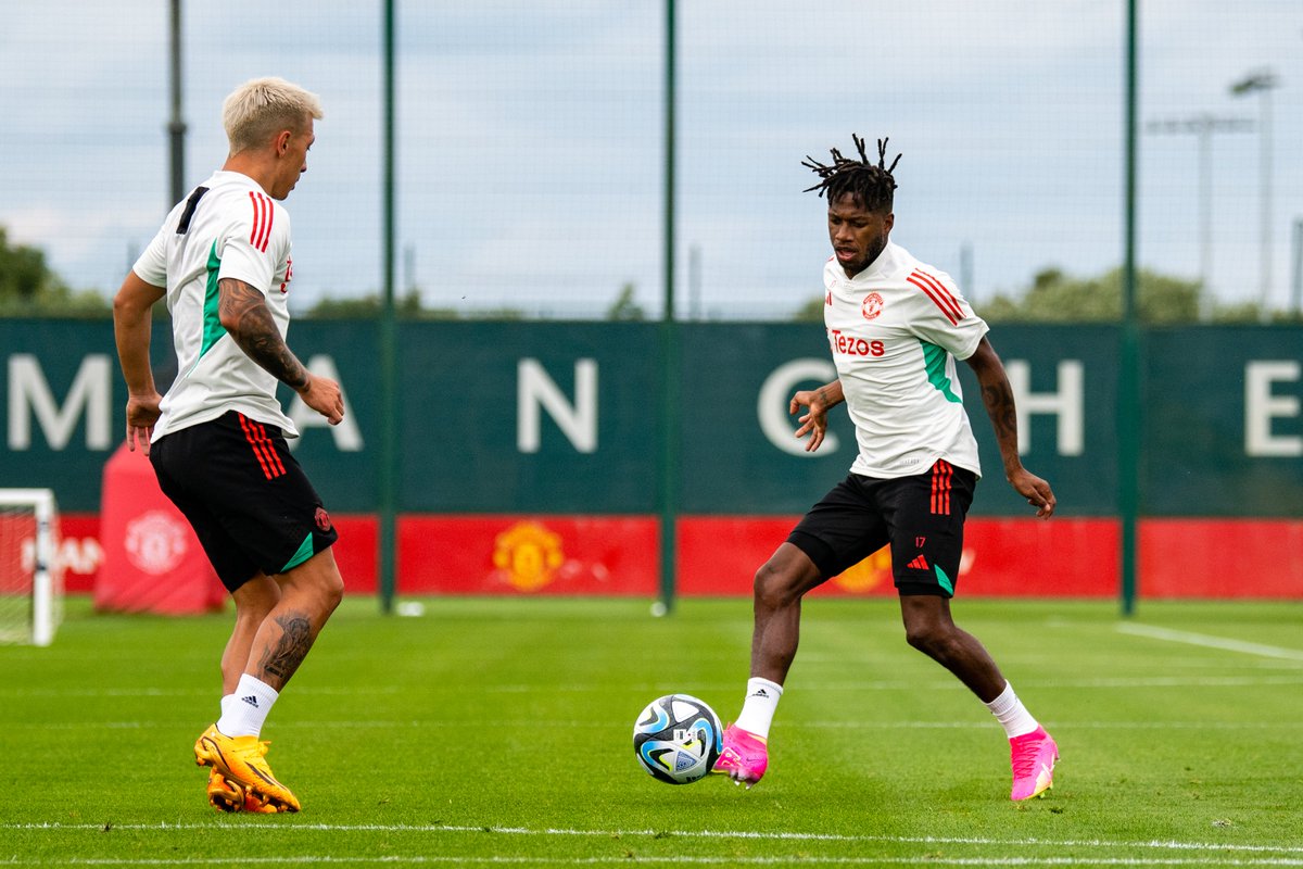Fred takes part in a United training session at Carrington.