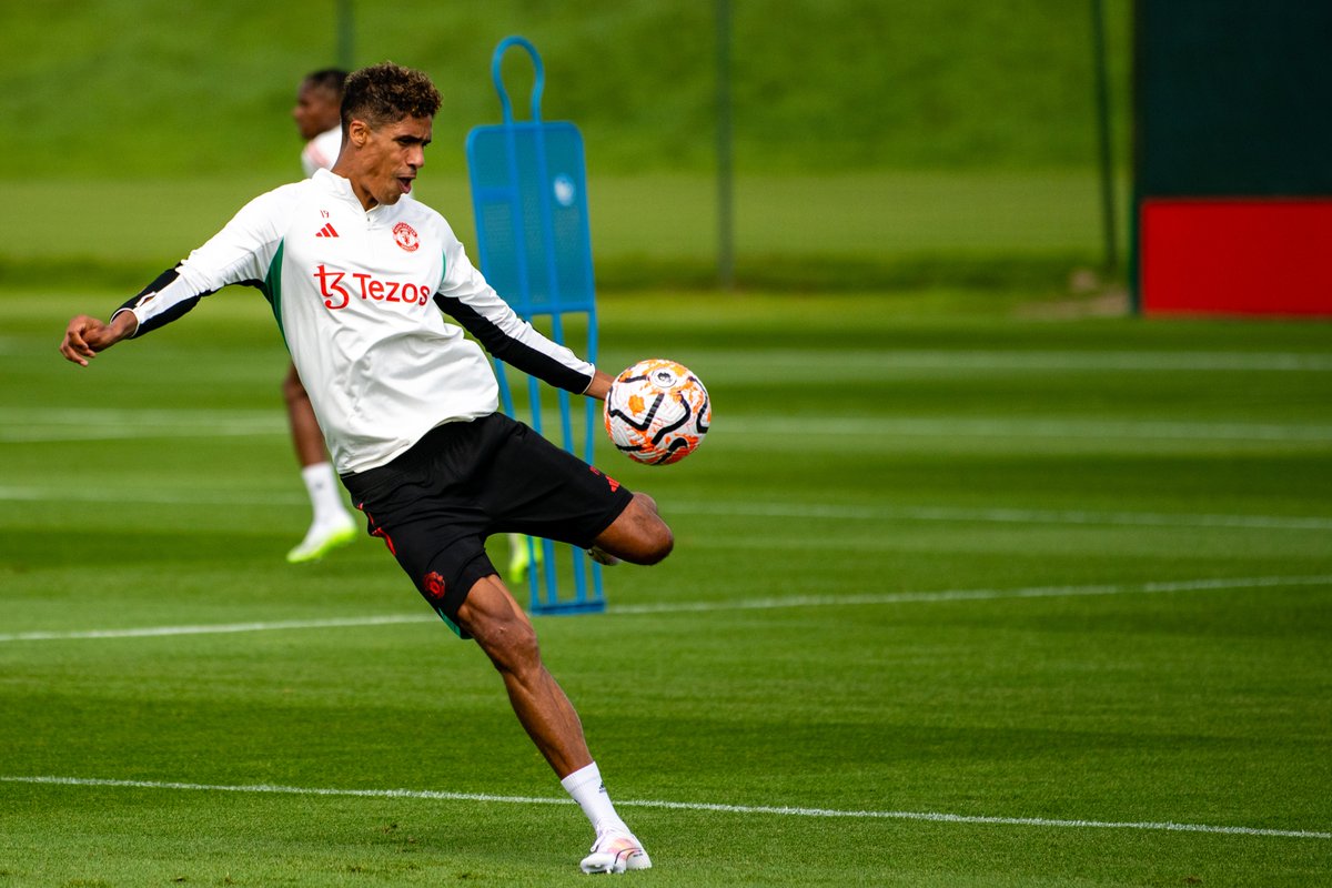 Raphael Varane takes part in a United training session at Carrington.