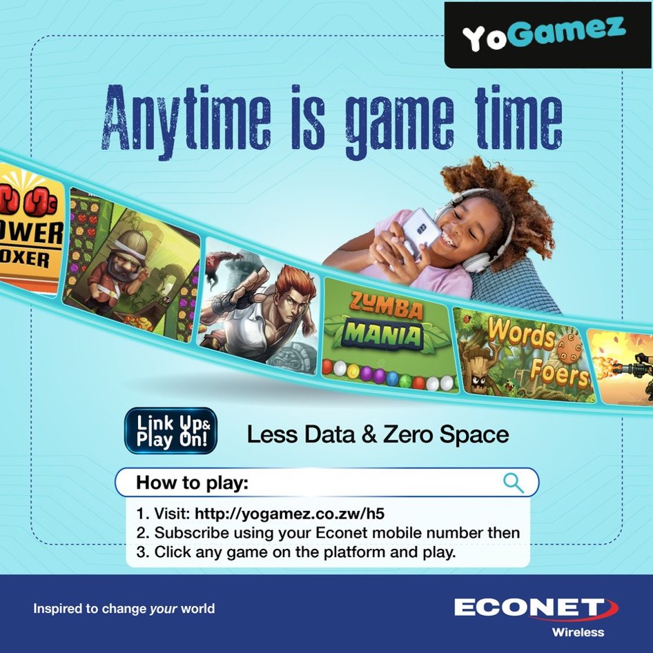 econetzimbabwe's tweet photo. Keep calm and game on with YoGamez.
Link Up & Play on with your Econet line using less data & zero worries for storage space.
Visit:https://t.co/4iypTC9z1u and subscribe using your Econet mobile number.
#YoGamez
#playon https://t.co/GgzIexyDbT