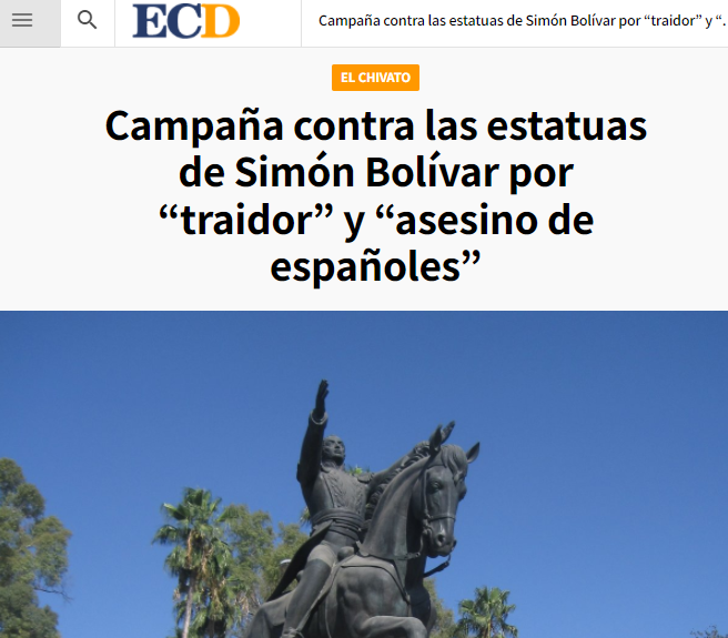 CCivicaCatalana's tweet photo. Hace 210 años Bolívar mandó asesinar en Venezuela a 1.200 españoles, la mayoría canarios. Les amputaban piernas y brazos antes de quemarlos vivos.

Bolívar realizó una política sistemática de persecución y asesinato de españoles.

Este tipo tiene estatuas en Sevilla, Madrid y BCN https://t.co/CCkzsUR9BP