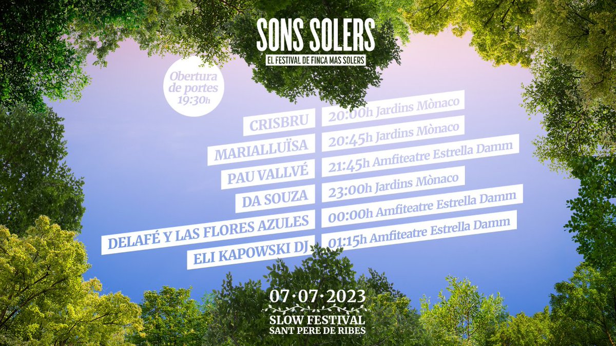 DELAFÉ Y LAS FLORES AZULES I PAU VALLVÉ, CAPS DE CARTELL DEL SONS SOLERS 2023
🗓️ AVUI, 7 DE JULIOL!
➡️ my.mtr.cool/ughwbtiotm

L’slow festival de #SPRibes comptarà amb un cartell de luxe: Delafé y Las Flores Azules, Pau Vallvé, Da Souza, Eli Kapowski, Crisbru i Marialluïsa.