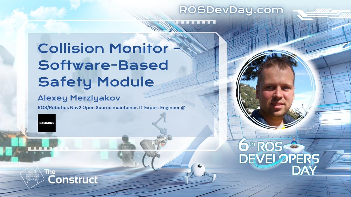 _TheConstruct_'s tweet image. Excited for #ROSDevDay! 🤖 Join us as Alexey Merzlyakov presents the collision monitor in #Nav2 - a new feature of the Navigation 2 system, enabling early collision prediction and proactive prevention. ROSDevDay.com🚀

#ROS #Robotics #Conference