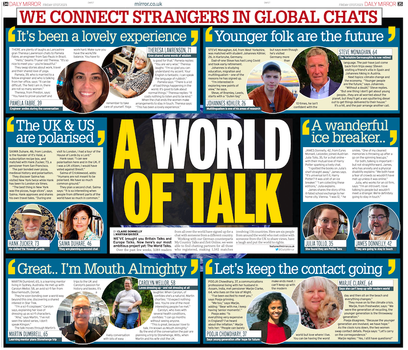 realbritainros's tweet photo. "I'm known as Mouth Almighty," says Carolyn from Bournemouth in our ground-breaking #WorldTalks series.
3,084 readers from all over the world signed up for a chat this week with someone from a different country.
Here's how it went for 6 UK participants..
https://t.co/QsZtJXPUvY https://t.co/0gObgkqNr1