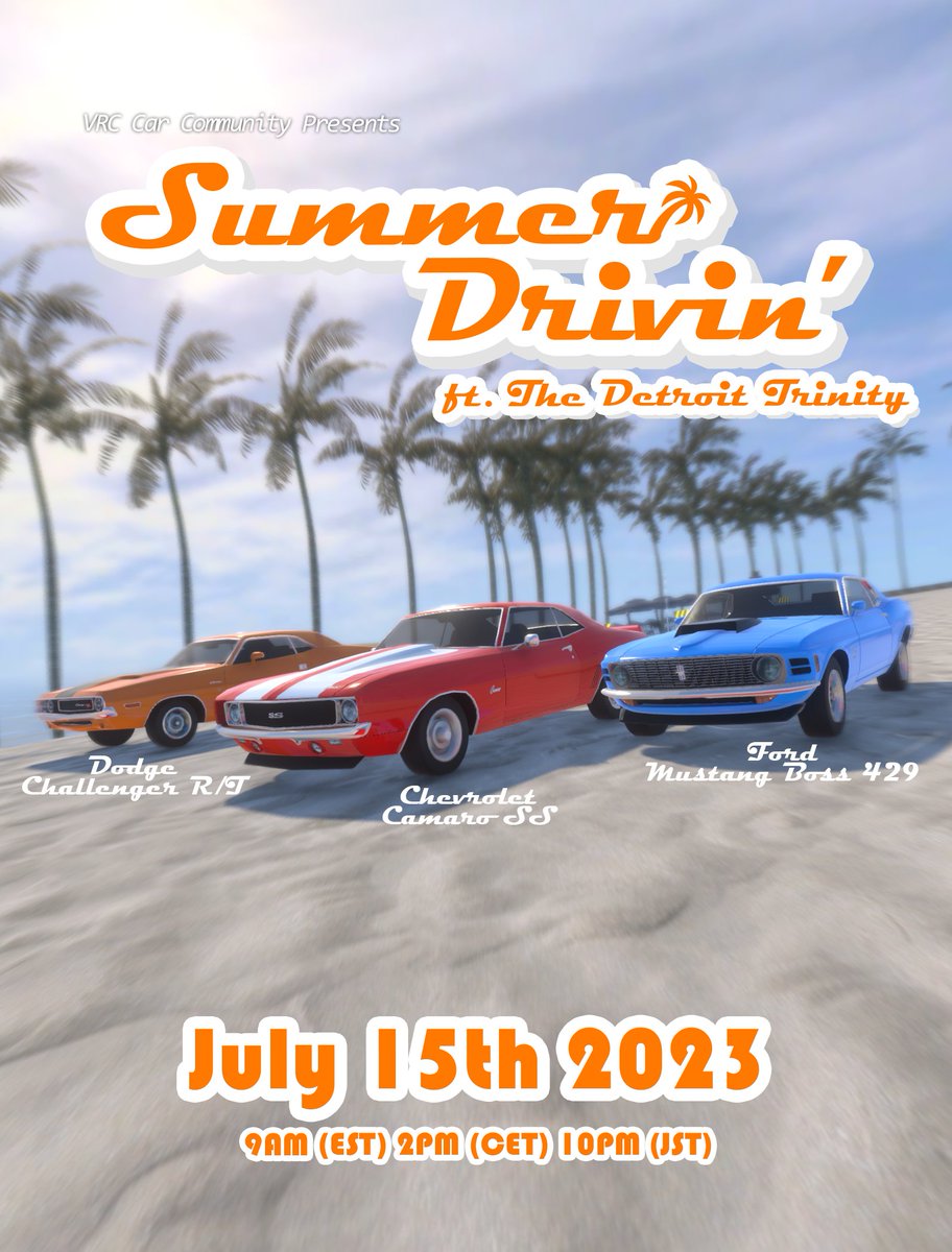 JinteiVRCCC's tweet photo. The VRChat Car Community have announced a new upcoming driving event!
Summer Drivin' is a track day event set on an island that we've "occupied" for our car events.
For more info, join our discord server! https://t.co/RvlmlWEJBE
#VRChat #VRCAutomotive #VRCCC #VRCCarCommunity https://t.co/25FeDDB5vR