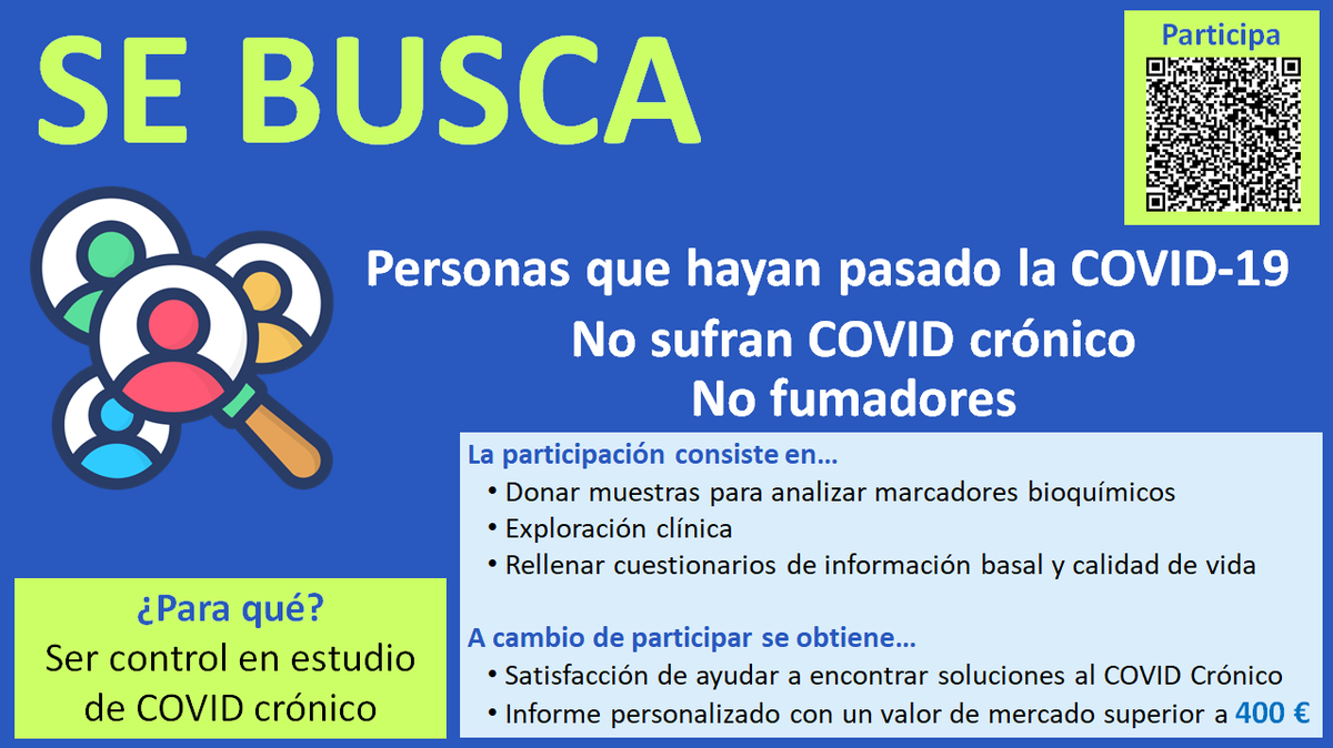 Seguimos buscando participantes Control (#Castellón, #Valencia) para el estudio #LongCovid de la <a href="/UJIuniversitat/">Universitat Jaume I</a>.Queremos comparar niveles de biomarcadores y calidad de vida de personas SANAS con nuestros participantes #COVIDPERSISTENTE. Apúntate escribiendo a CovidCronico@uji.es
