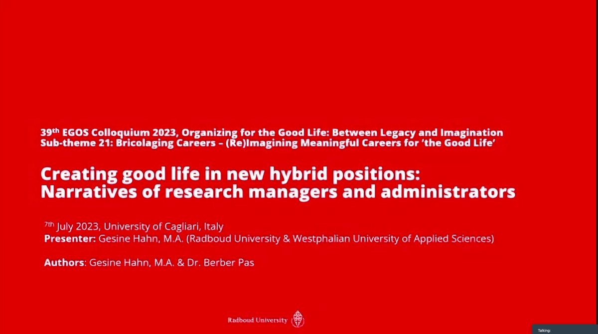 In discussing #academic #careers, the experiences of research managers and administrators are often ignored. Great to see <a href="/GesineHahn/">Gesine Hahn</a> and Berber Pas focus on this group in relation to #hybrid careers #EGOS2023 <a href="/egosnet/">Elvis Gosnet</a>