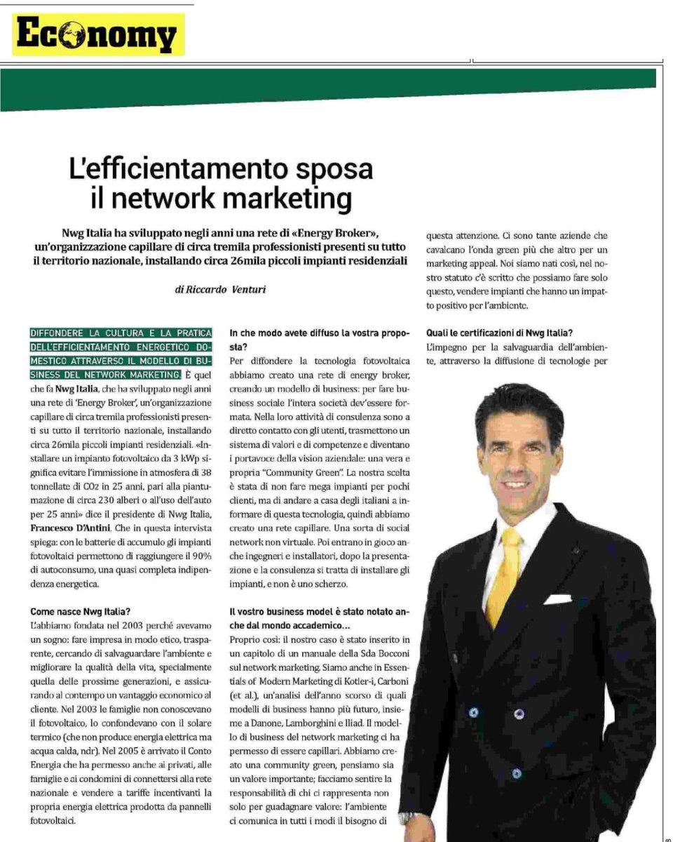 Oggi in edicola sul mensile Economy anche abbinato a Il Sole 24 Ore, l’intervista al Presidente di NWG Italia Francesco D’Antini.👇 #networkmarketing #rinnovabili