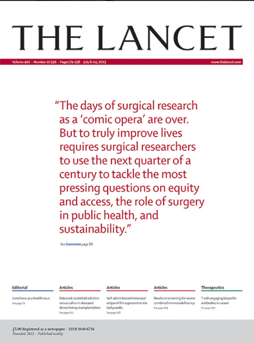 Front cover @TheLancet (yey!!) our Comment on the past, present + future of surgical research. We've come a long way since the days of a comic opera but we can go much further. @dnepo @ramosdelamedina @naomiclarelee @BruceBiccard @WangariSiika + co thelancet.com/journals/lance…