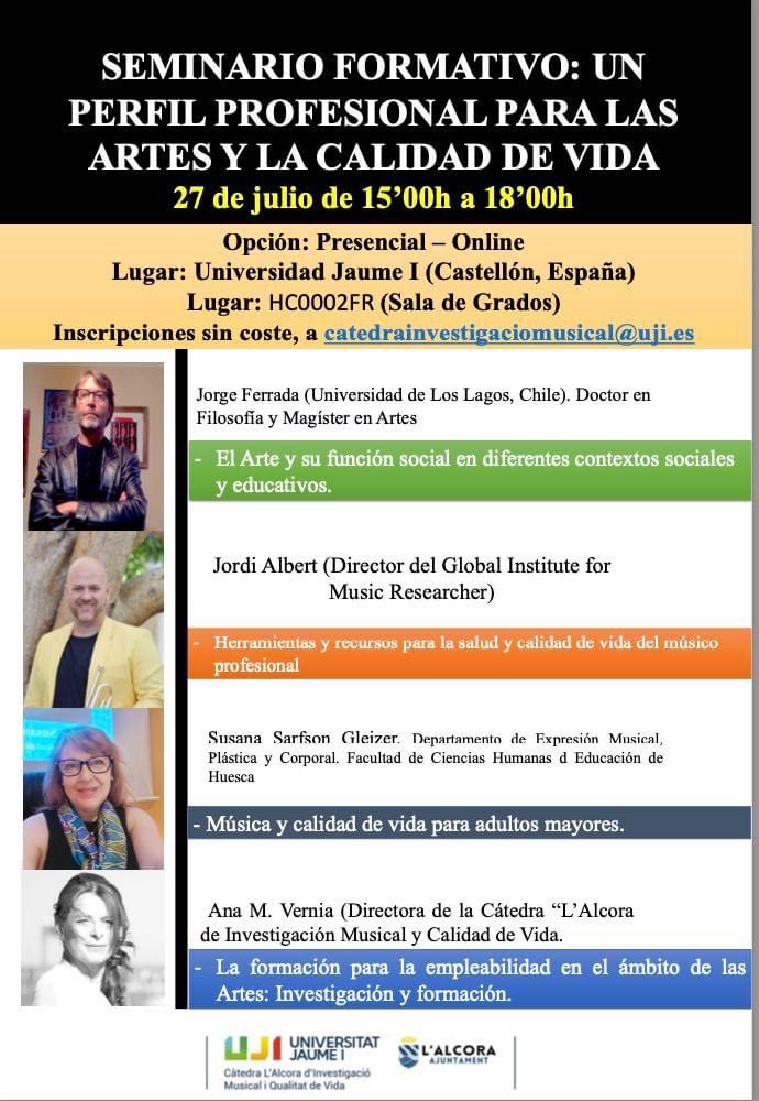 QMusicLife's tweet photo. SEMINARIO FORMATIVO: UN PERFIL PROFESIONAL PARA LAS
ARTES Y LA CALIDAD DE VIDA 27 de julio de 15’00h a 18’00h
Opción: Presencial – Online
Lugar: Universidad Jaume I (Castellón, España) 
Lugar: HC0002FR (Sala de Grados) Inscripciones sin coste, a catedrainvestigaciomusical@uji.es https://t.co/6SSvzqcgHc