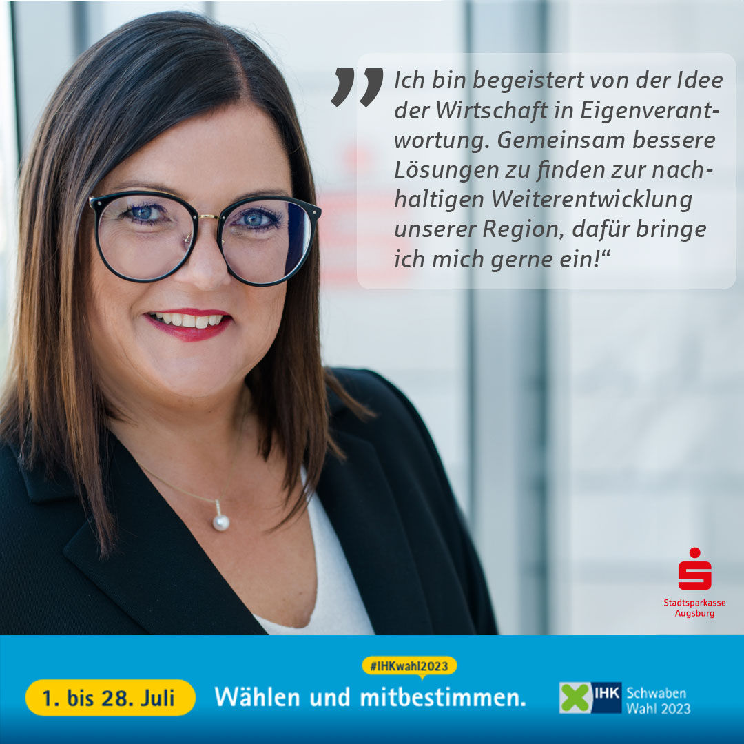 Unsere Vorstandsvorsitzende Sandra Peetz-Rauch stellt sich für die IHK-Regionalversammlung Augsburg-Stadt zur Wahl.

Mehr Infos unter ihk.de/schwaben/wahl2…

#IHKwahl2023 #stadtsparkasse #augsburg #IHK #regionalversammlung #augsburgstadt