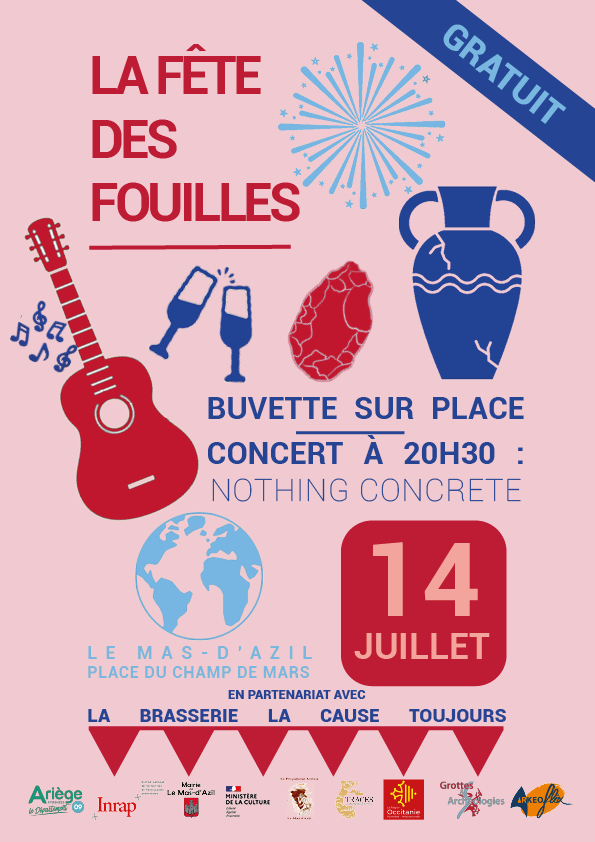 [🥳Fêtes des fouilles 14 juillet🎉]
RDV festif place du champ de mars au Mas-d'Azil @ariegeledpt pour fêter la fin des fouilles et le 14 juillet en musique !🎷🪘
Un moment de partage avec les archéologues venus du monde entier...
#Arkéoflix <a href="/archeopole/">CERAC Archéopole</a> @aporiaculture <a href="/Occitanie/">Région Occitanie</a>