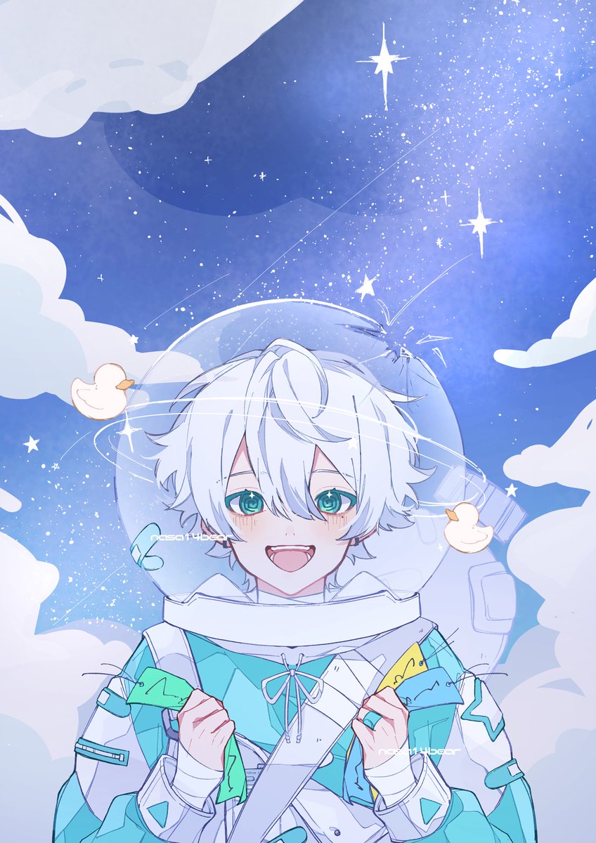 male focus 1boy white hair star (sky) sky solo cloud  illustration images
