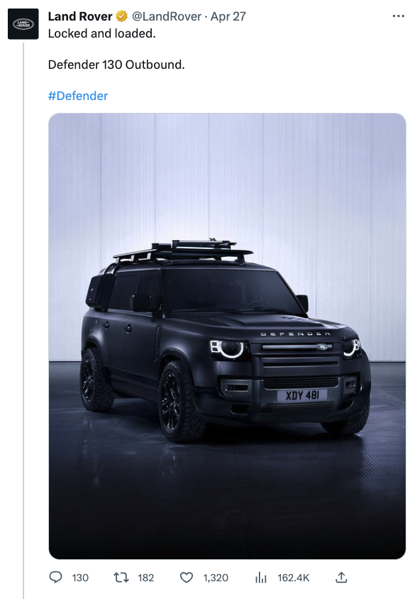 ETSC_EU's tweet photo. "Locked and loaded."

@LandRover use a firearms metaphor to market the 2.5-tonne SUV that killed an eight-year old girl and injured 15 children and adults at a school picnic in London yesterday. 

More thoughts from ETSC in this tweet thread:
https://t.co/a3csOjqbwK https://t.co/t70WMDE8XW