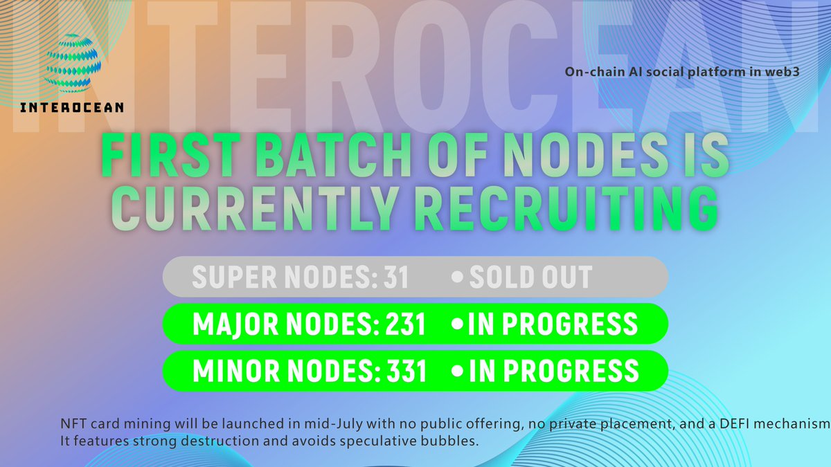 InterOcean_gl's tweet photo. 🔥101 Investment Research Institute is deeply involved
The first batch of 31 super node quotas have been sold out🎉
️NFT card mining will start in mid-July💯
No public offering, no private placement, DeFi mechanism🎊
Super strong destruction without foam, stable and long-lasting https://t.co/isfSYXO41Q
