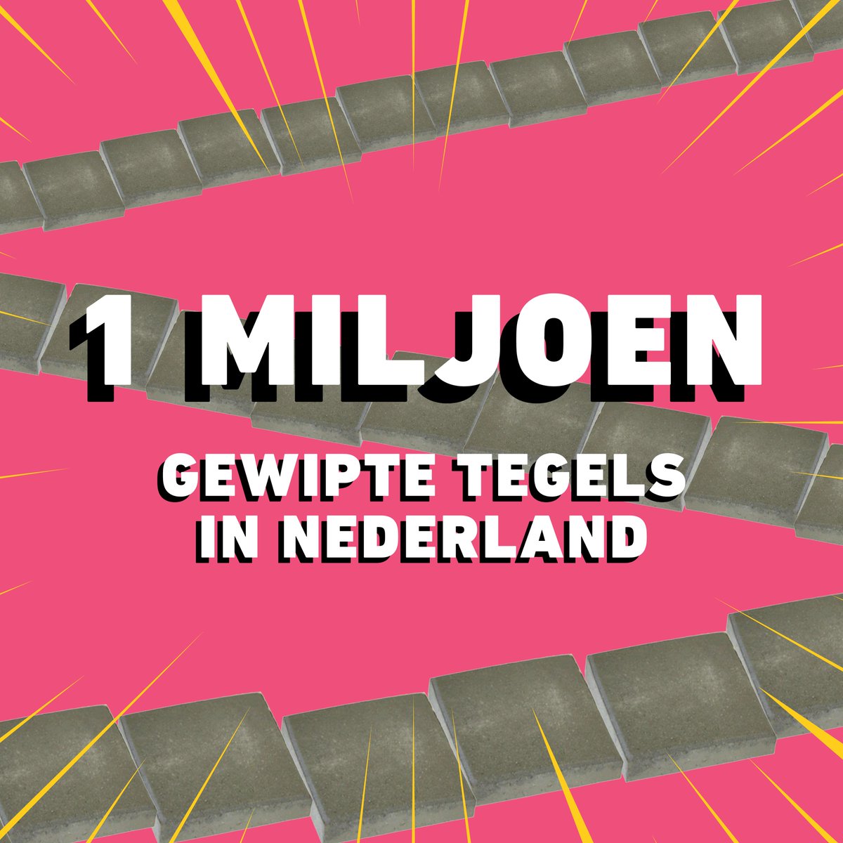 Jaaaaa hang die vlag maar uit, het is feest! 1 miljoen tegels weg-gewipt 🌱

Kun je je voorstellen hoeveel tegels dat zijn? We hebben het even uitgerekend: als je alle tegels achter elkaar legt is dat bijna net zover als de afstand van Groningen naar Maastricht! 😱 #NKTegelwippen