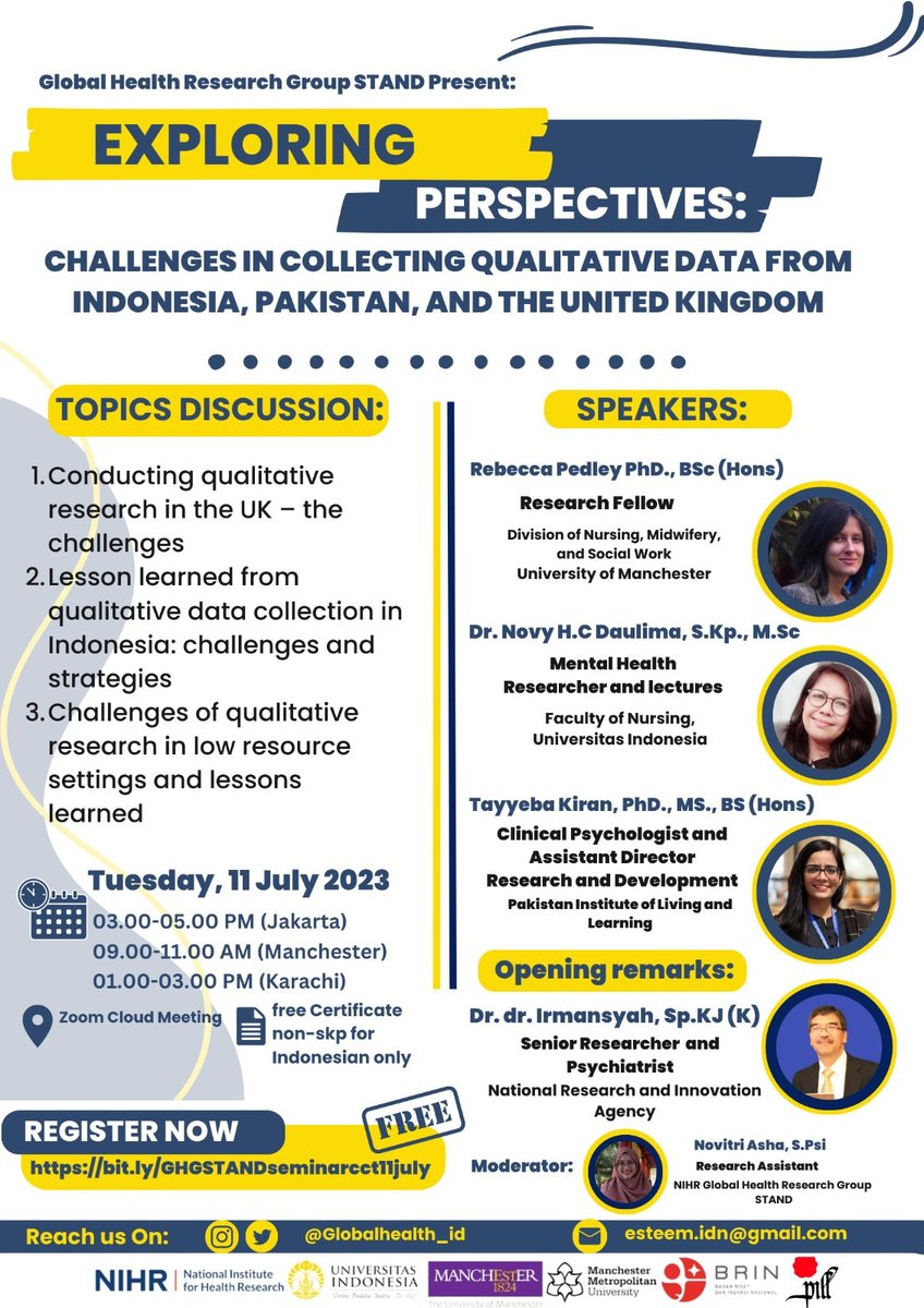 kpsi_pusat's tweet photo. Global Health Research Group STAND proudly present:

Exploring Perspectives: Challenges in Collecting Qualitative Data from Indonesia, Pakistan, and The United Kingdom

💷Free Registration!
📜Participant will get a non-SKP certificate

Register now!
https://t.co/wRvQFOO390 https://t.co/MOdoAaAiPy