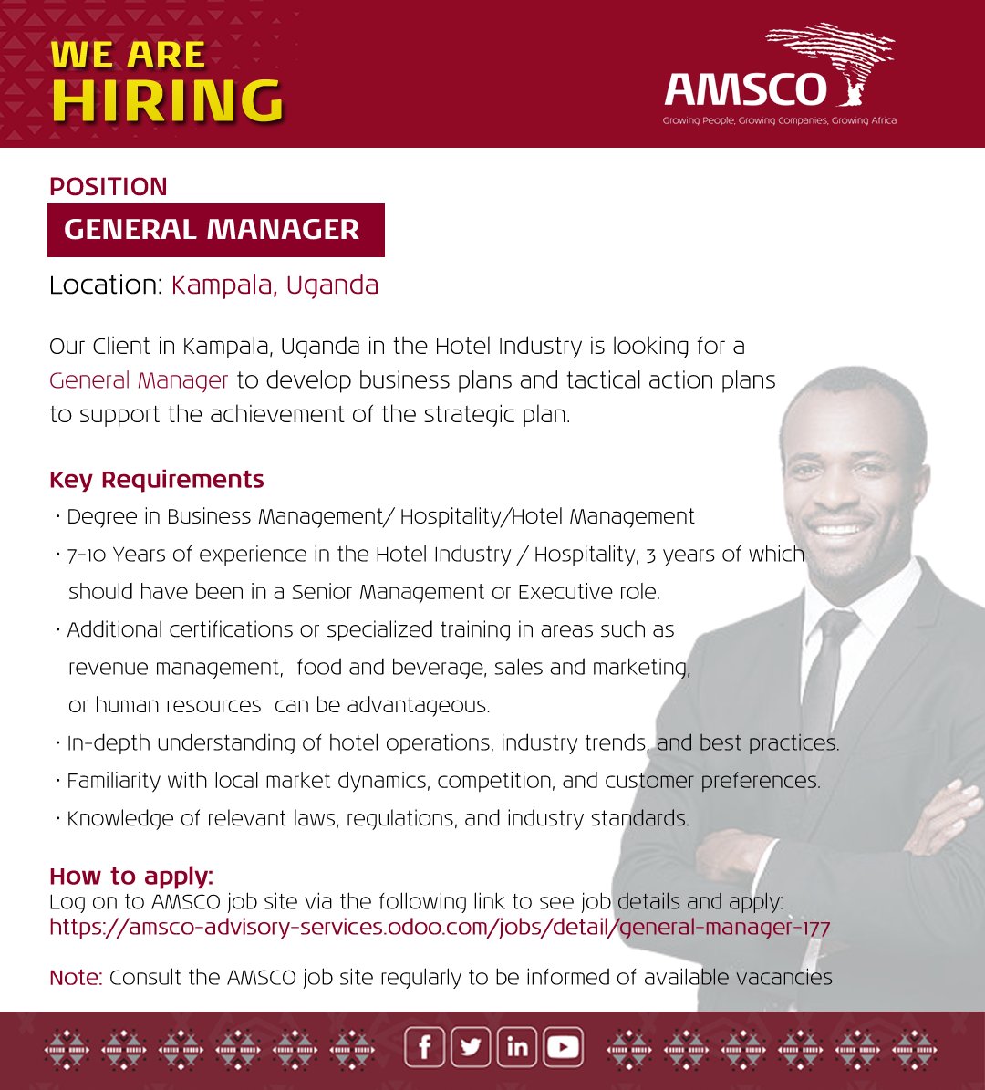 AmscoAfrica's tweet photo. WE ARE HIRING for our client in Uganda 01 GENERAL MANAGER.
Follow the link below to see details and apply :
https://t.co/hWe2YwohMQ...
#AMSCO #recruitmentagency #hiringnow #hiring #jobs #recruitment #careers #ugandajobs #Uganda #ManagementJobs #generalmanager https://t.co/r6eqxhgz0u