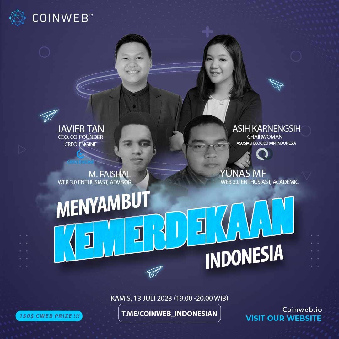 📣Coinweb Indonesia AMA🇮🇩

🎙️Guests: 
<a href="/ItsAsih/">Asih Karnengsih</a>, Chairwoman of @Blockchainindo

<a href="/JavierTanCREO/">Javier Tan</a>, CEO of <a href="/creo_engine/">Creo Engine</a> 

Coinweb Indonesia Community representatives <a href="/YunasMF/">Yunas MF</a> &amp; <a href="/IAmFaishal_/">Mochamad Faishal</a> bringing extraordinary backgrounds to the table!

🗓️Date/time: 13th July 2023, 19:00 - 20:00