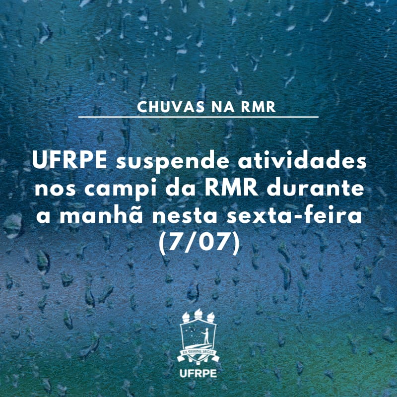 UFRPEOnline's tweet photo. Em virtude dos alagamentos provocados pelas fortes chuvas na RMR, na madrugada desta sexta-feira (7/07), e alerta da Apac, a UFRPE suspende as atividades nos campi dessa região nesta manhã.
A situação será monitorada e novo aviso será dado às 10h a respeito dos demais turnos. https://t.co/z9NtXaTzwu