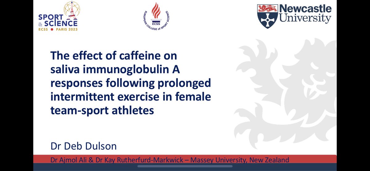 DebDulson's tweet photo. Thank you to everyone for coming to the talks this morning on caffeine at #ECSS2023. It was great to speak about my work on the effects of caffeine on immune responses following exercise in female athletes. There was great research presented too by @MarkWaldron13 and @GlenD800 https://t.co/3gAPFEdzHp